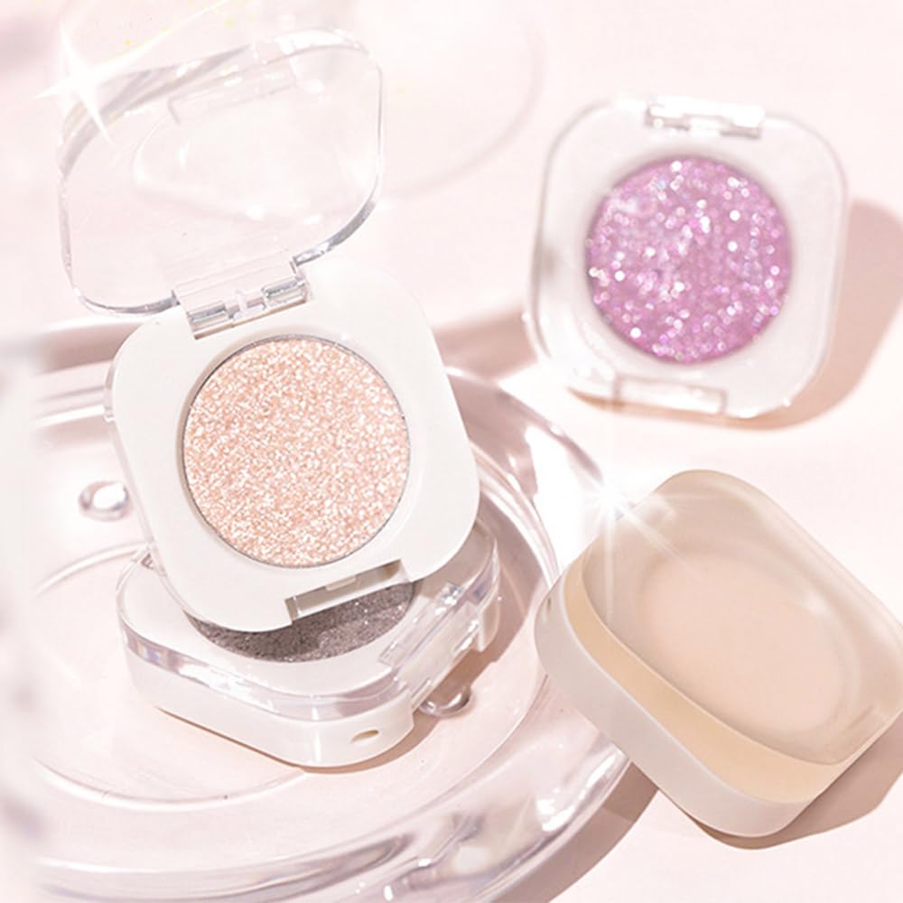 2Pcs Glitter Shimmer Sparkle Eyeshadow Palette Makeup for Green Blue Eyes, Light Brown&Sliver Glitter Shimmer eyeshadow Palette, Cream Iridescent Single Monochrome Eye Shadow Makeup