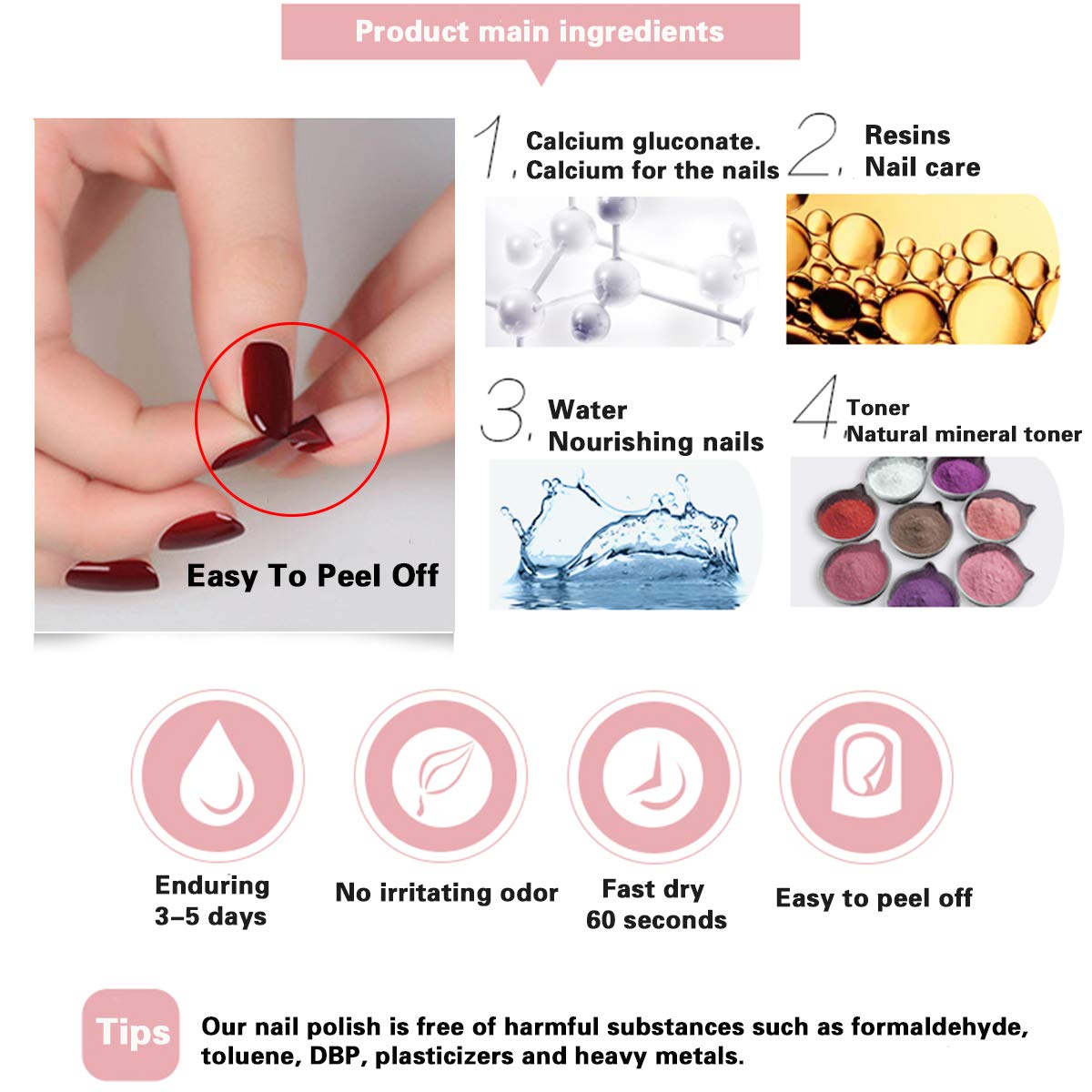 Non Toxic Easy Peel Off and Fast Dry Nail Polish Set for Pack, Eco Friendly & Organic Water Based for Women,Teens (6 Bottles, 5ML)