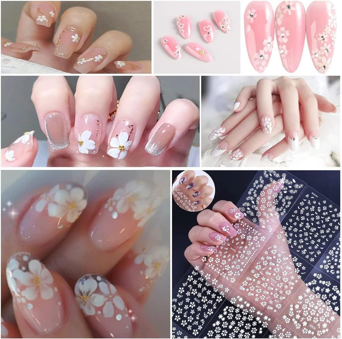 White Flower Nail Art Stickers White Flower with Rhinestones Nail Decals 3D Self Adhesive Nail Stickers Nail Art Designs Flowers Sticker for Nails Decorations 30 Sheets
