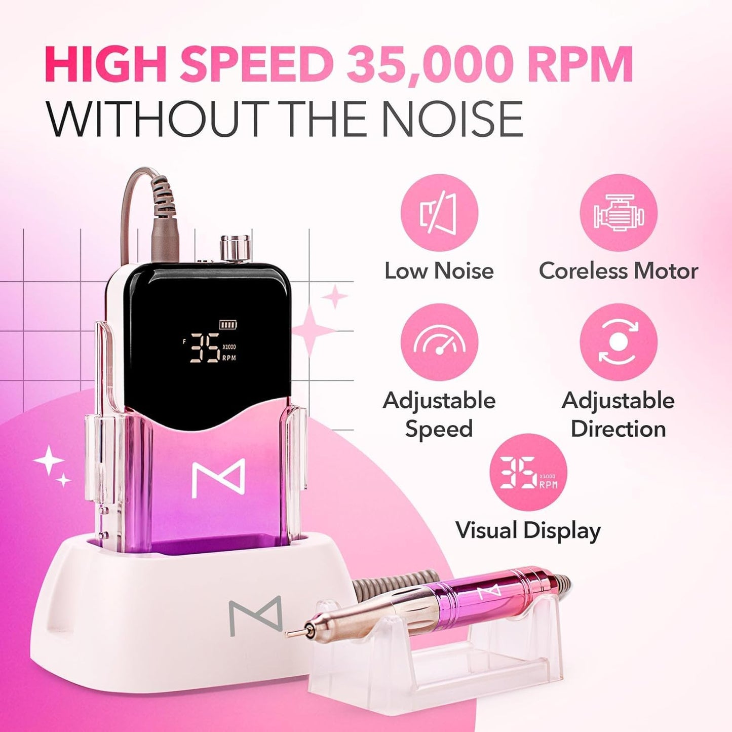 M Mase- Professional Nail Drill Machine - Coreless 2-in-1 Nail File - Electric, Cordless, 35000 RPM, HD Display - Electric Nail Drill for Professional & Home Use (Black)