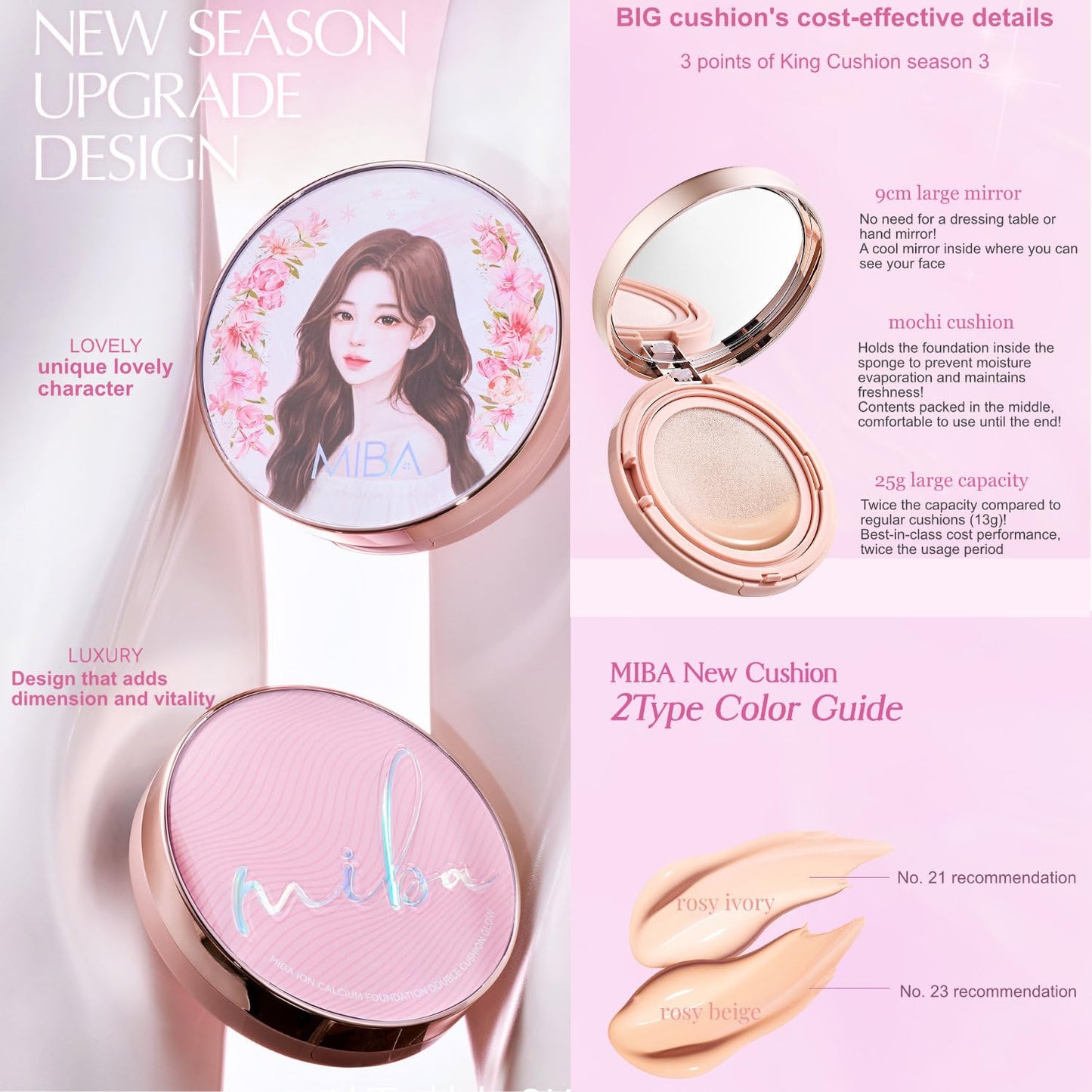 MIBA Ion Calcium Foundation Double Cushion Glow 25 g / 0.88 oz Big Cushion SEASON 3. Long Lasting Cover Effect. Moisture glow. Skin tightening relief. Smooth adhesion. (Luxury #23 Rosy Beige)
