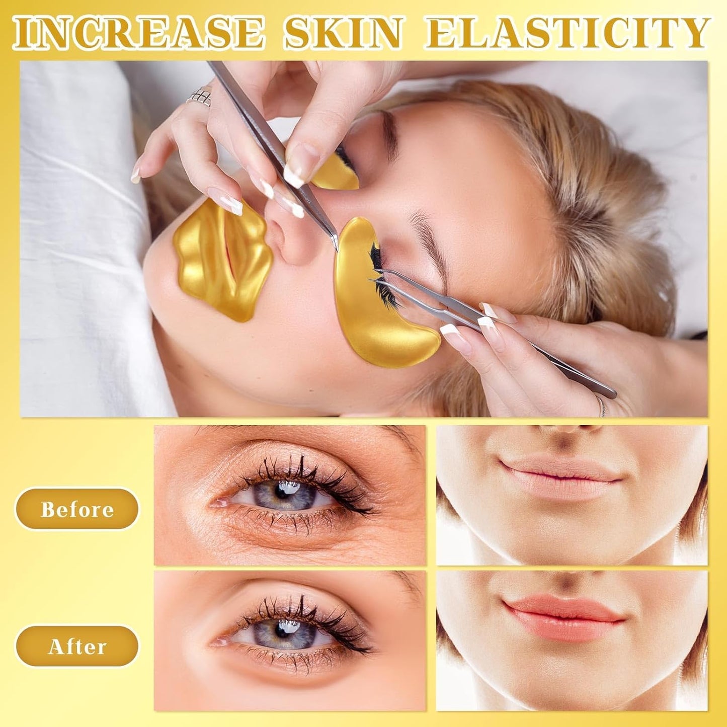 24K Gold Gel Crystal Collagen Eye and Lip Mask Set, 15 Pairs Gold Eye Mask & 15 Pcs Gold Lip Mask for Moisturizing, Collagen Under Eye Mask for Dark Circles Puffiness and Wrinkles