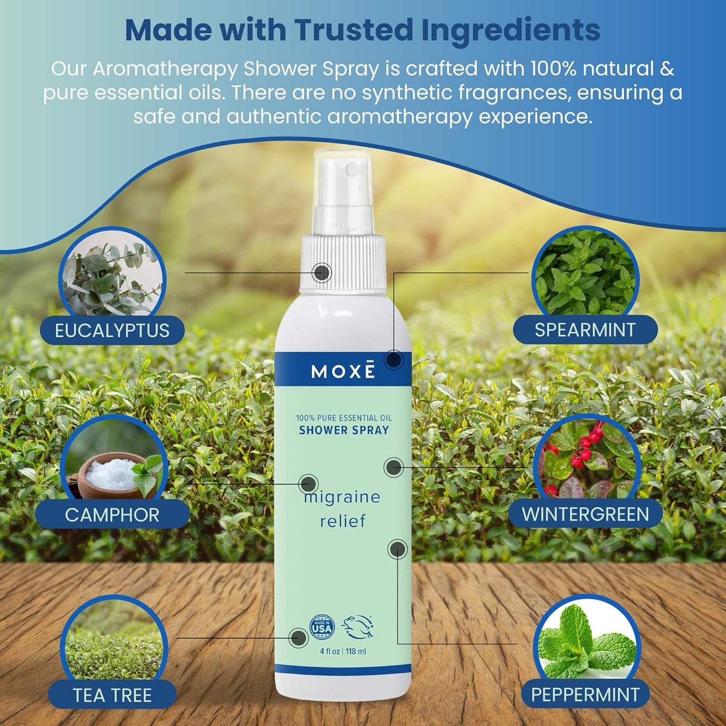 MOXE Migraine Relief Aromatherapy Shower Spray, Essential Oils for Headaches & Tension Relief, Natural 100% Essential Oils, Pure & Undiluted, Peppermint, Spearmint, Eucalyptus, Tea Tree, Made in USA …