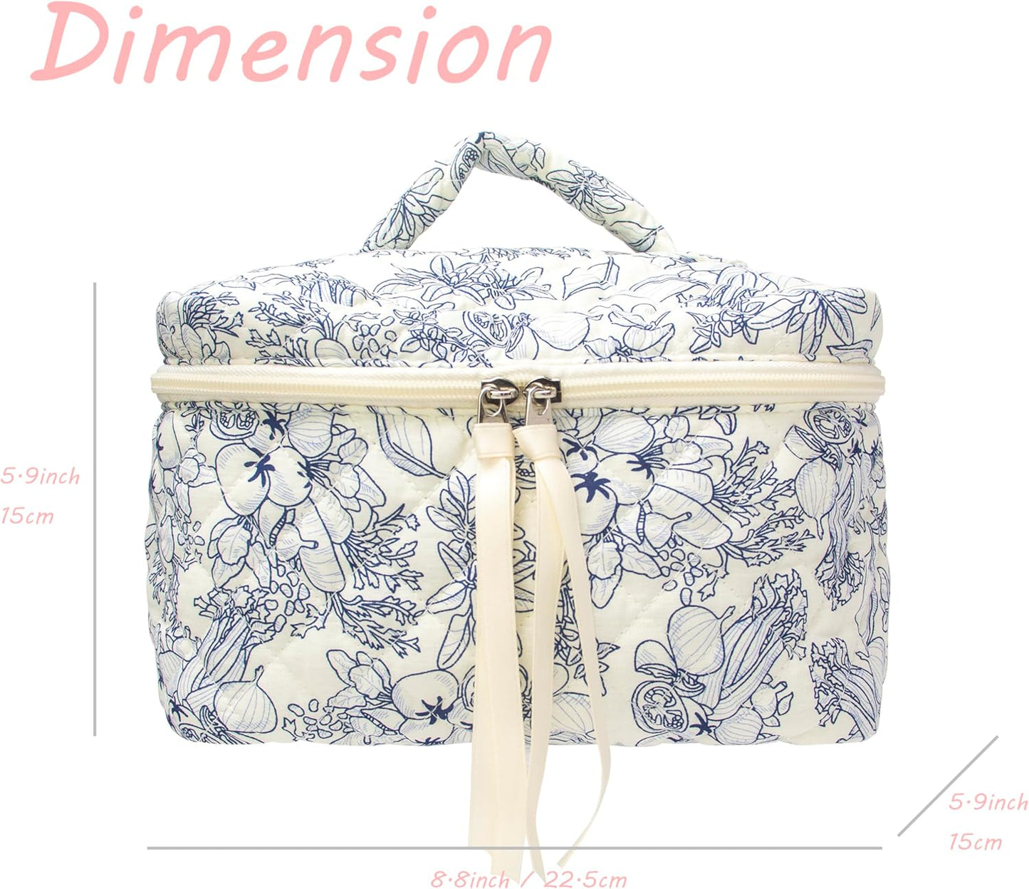 PAZIMIIK Quilted Makeup Bag Large Travel Zipper Soft Cosmetic Case for Women Girls Make Up,Flower White
