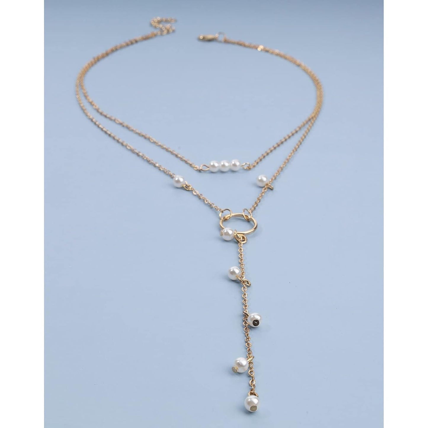Boho Circle Pearl Lariat Necklace Gold Long Lariat Chain Necklace Tiny Pearl Choker Necklace Drop Pearl Chain Y Necklace Jewelry for Women and Girls Gifts