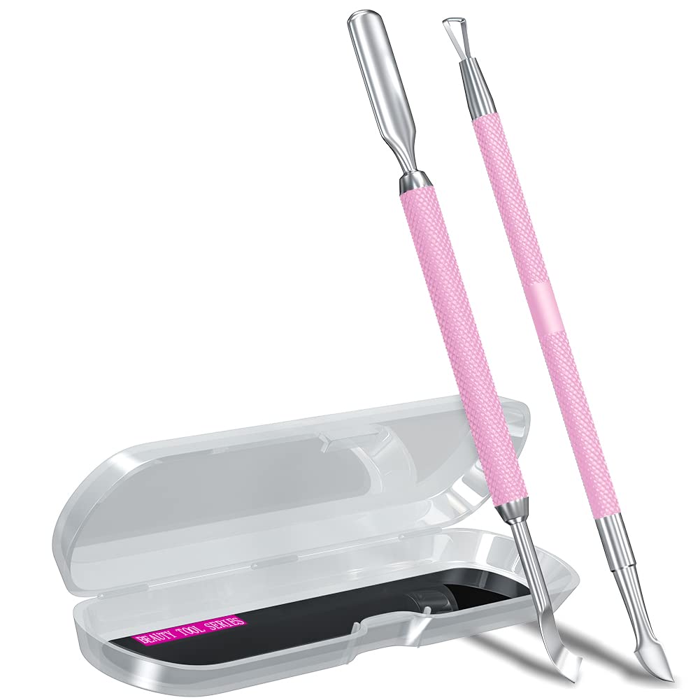 2PCS Metal Mauve/Pink Purple Cuticle Pusher and Cutter Remover Salon Quality Stainless Steel Gel Nail Polish Peeler Scraper Durable Manicure and Pedicure Cleaner Tool For Fingernail and Toenail