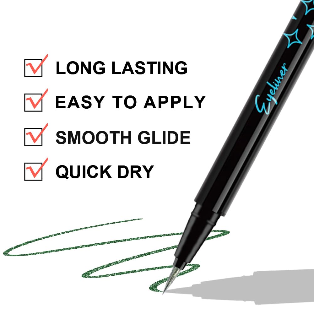 evpct 2Pcs Emerald Dark Green Glitter Shimmer Liquid Eyeliner Eye Shadow Makeup Pencil, Green Face Body Glitter Fake Eyelashes Lashes Mascara Accessories, Sparkle Metallic Colored Eyeliner Waterproof