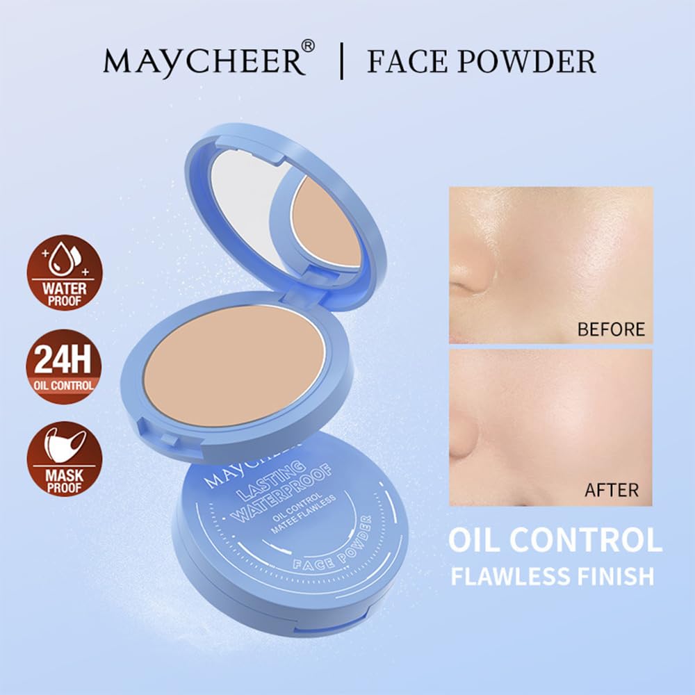 LAMUSELAND Pressed Powder Compact, Oil Control Brighten Skin Color Face Powder, Whitening Highlighting Face Makeup Tools for Women Girls (JG01)