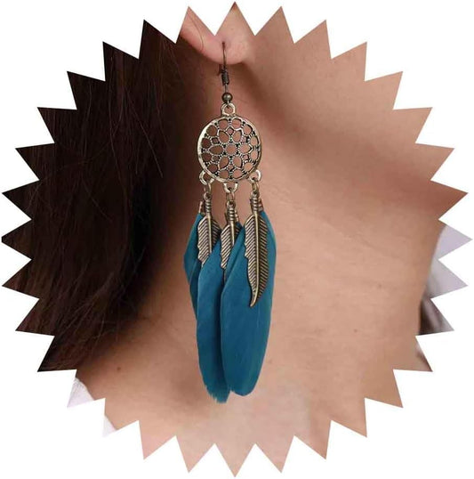 Boho Black Feather Dangle Earrings Long Feather Tassel Earrings Vintage Tribal Feather Earrings Gold Feather Drop Earrings Jewelry for Women