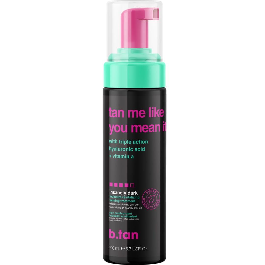 b.tan Dark Self Tanner Mousse | Tan Me Like You Mean It - Dark, 1 Hour Express Sunless Tanner Foam, Bronzing Glow, No Fake Tan Smell, Face & Body, Vegan, Cruelty & Paraben Free, 6.7 Fl Oz