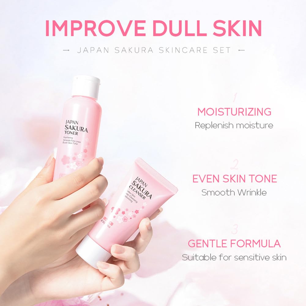 Sakura Skincare Gift Set, Skin Care Travel Kit with Cleanser, Toner, Serum, Eye Cream, Face Cream for Women Girls (5pcs)