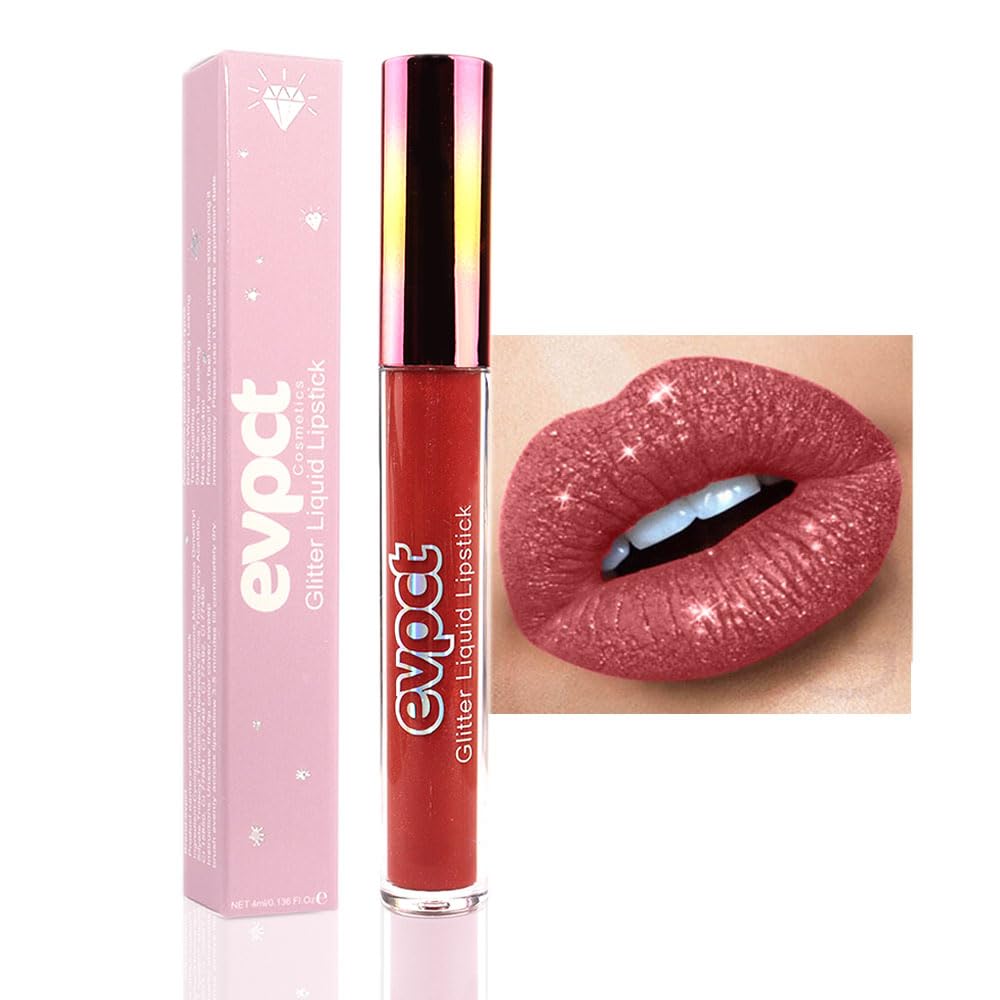 evpct 1Pcs Mauve Red Matte to Glitter Liquid Lipstick Lip Set Kit, Long Lasting Matte Diamond Glitter Lipstick Waterproof, Colorful Sparkly Glossy Metallic Shimmer Sparkle Lip Gloss for Women 02#