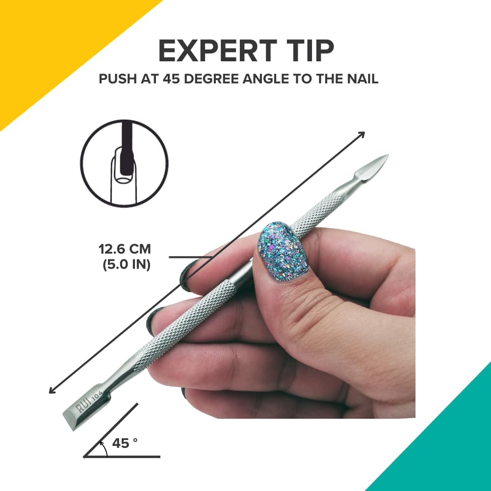 Rui Smiths Pro Cuticle Pusher with 2 Ends - Stainless Steel Manicure Tool - Style 104