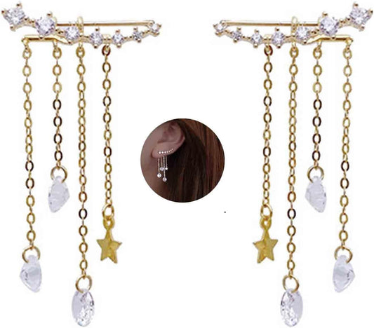 Boho Star Ear Jacket Earrings Gold Cz Star Ear Climber Earrings Crystal Chain Tassel Earrings Crystal Ear Crawler Long Chain Earrings Jewelry for Women and Girls Gifts