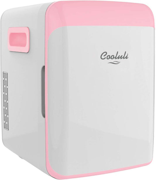 Cooluli 10L Mini Fridge for Bedroom - Car, Office Desk & College Dorm Room - 12V Portable Cooler & Warmer for Food, Drinks, Skincare, Beauty, Makeup & Cosmetics - AC/DC Small Refrigerator (Pink)
