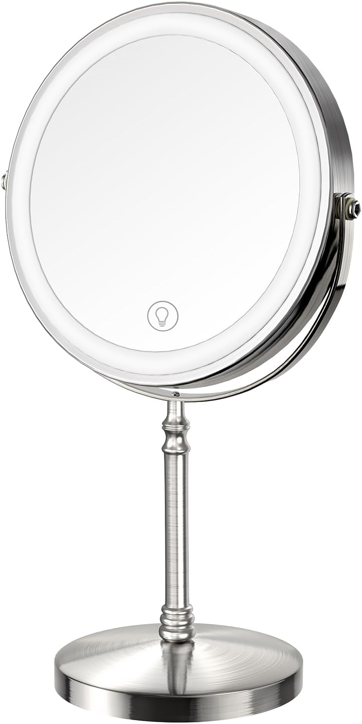 Lighted Makeup Mirror, 3000 mAh Rechargeable Double Sided Magnifying Vanity Mirror with 3 Colors, 1x/10x, 360° Rotation , Brightness Adjustable Magnification Cosmetic Light up Mirror, Women Gift