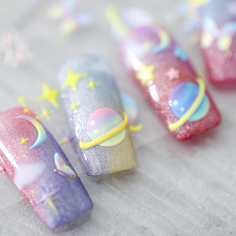 5D Embossed Galaxy Nail Art Stickers Self-Adhesive Nail Stickers for Nail Art Colorful Space Planet Nail Art Decals for Women Girls Kids Nail Supplies Accessories (1, Colorful Planet)