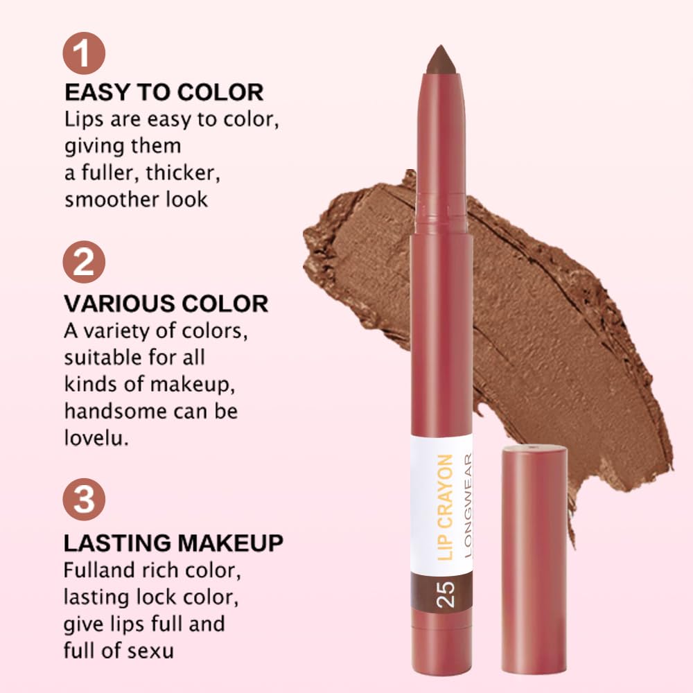 BINGBRUSH Lip Crayons Matte Longwear Lipstick Pack Set,Moisture Smooth Lipliner With Built-in Sharpener Ultimate Lip Crayon for Makeup- Waterproof Velvet Lipgloss Lip Stain(25#Saddle Brown)