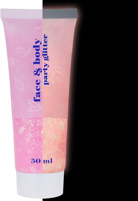 MEICOLY Neon Pink Body Glitter Gel,UV Blacklight Chunky Face Glitter Gel,Glow in The Dark Glitter Paint,Singer Concert Music Festival Party Rave Accessories,Halloween Glitter Makeup for Women,50ml