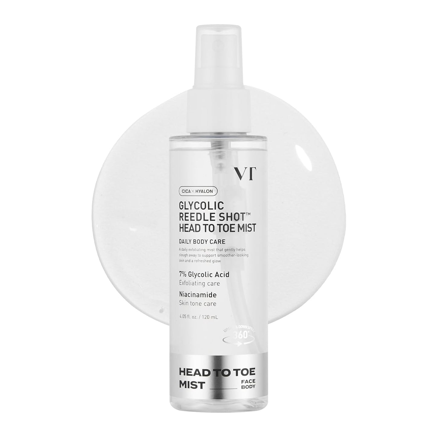 VT COSMETICS 7% Glycolic Acid Reedle Shot Head-to-Toe Mist with Niacinamide, Exfoliating Spray for Bumpy & Strawberry Skin, Dark Spots, Skin Texture, Keratosis Pilaris, Korean Skincare (4.05 fl oz)