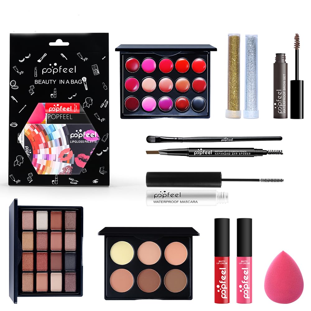 All in One Eyeshadow Palette Makeup Set, Makeup Kit with Primer, Mascara, Concealer Palette, Lip Stick Palette, Glitter Highlight, Travel Makeup Bundle Holiday Makeup Gift Box for Women Girl