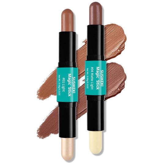 Contour Stick, 2Pcs Dual-Ended Highlighter Makeup Pen & Contouring Stick for Face Shaping, Long Lasting Waterproof Cream Bronzer & Highlight Sticks Make Up Kit for All Skin Tones (01# + 04#)