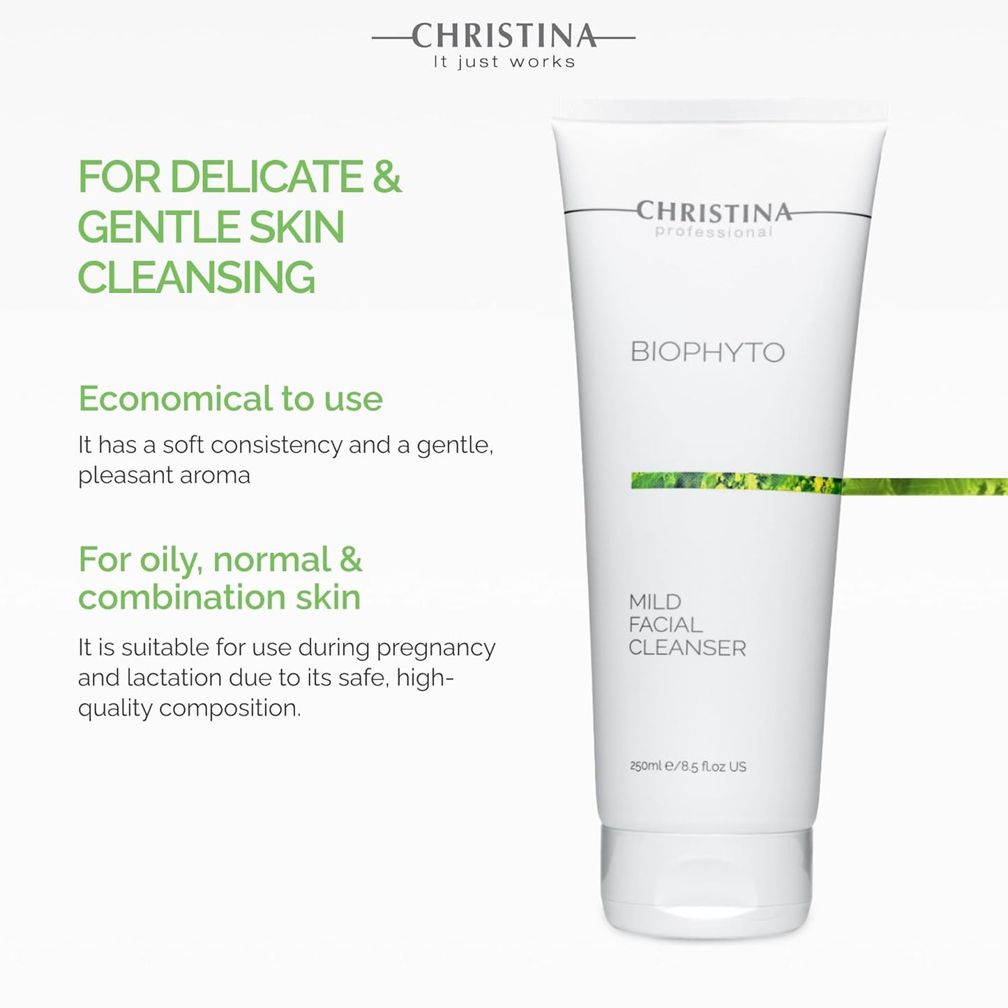 '-CHRISTINA- Biophyto Mild Facial Cleanser with Green Tea and Cucumber Extracts - 250 ml - Soapless Gentle Face Wash and Daily Facial Cleanser for All Skin Types
