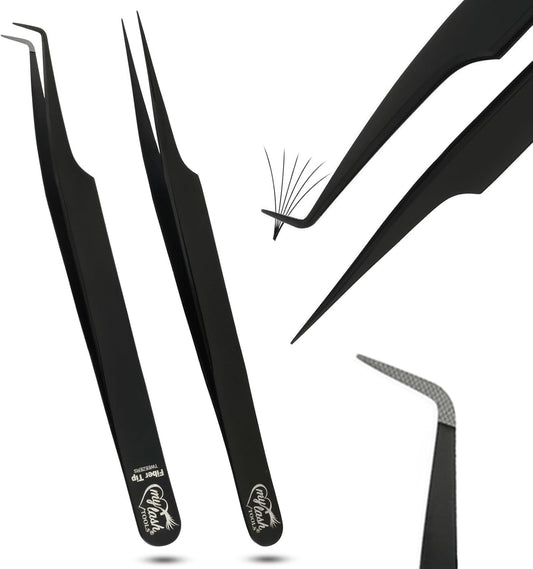 2Pcs Fiber Tip Lash Tweezers for Eyelash Extensions and Straight Isolation Tweezer Set – Professional Precision Fan Making, Mega Volume Boot Lashing, Classic & Mink Eyelashes, Black