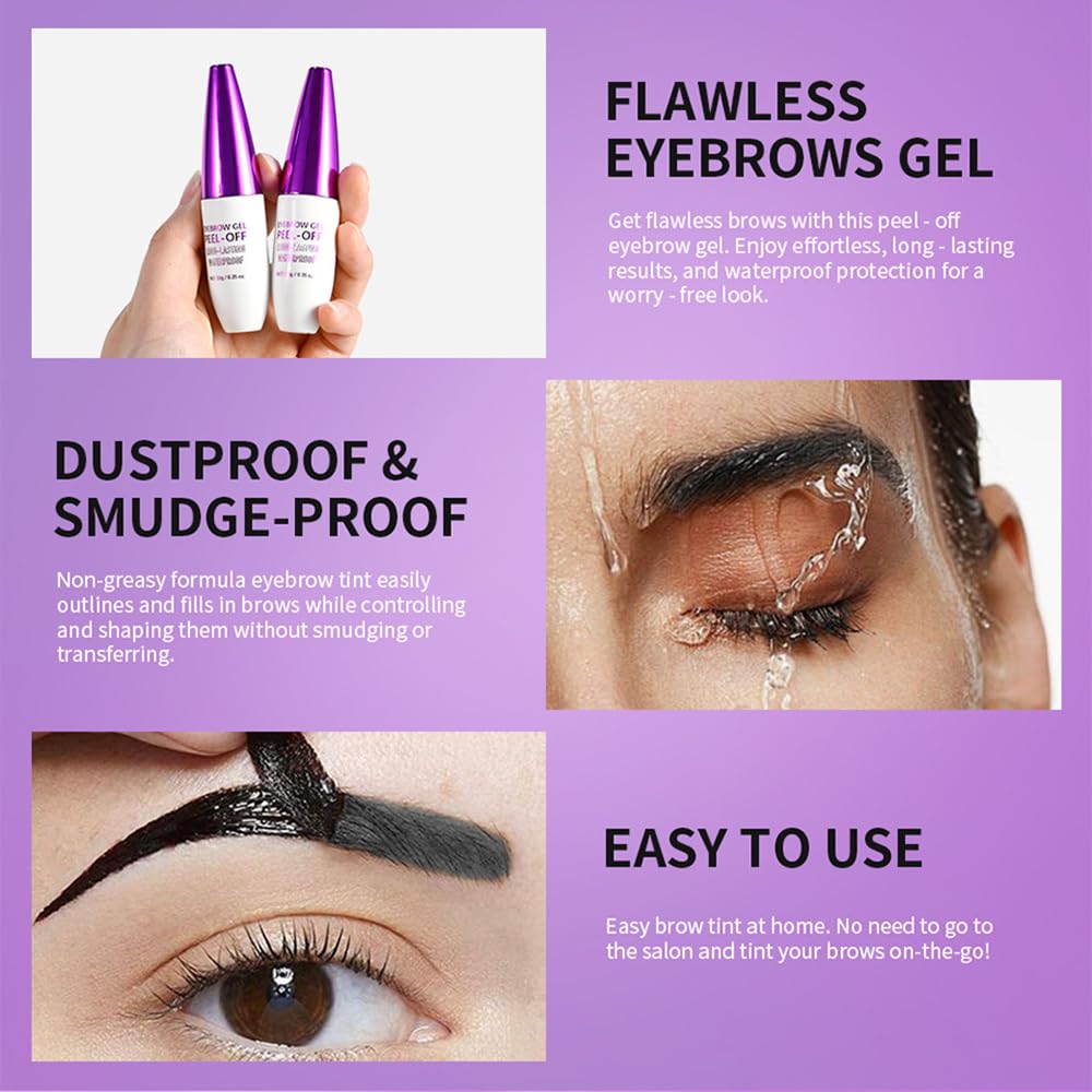 2Pcs Peel Off Eyebrow Tint Gel - Waterproof & Sweatproof All-Day Wear, Transfer-Resistant Tattoo Effect, All Skin Types + Mother’s Day Gift Set, 01#Black