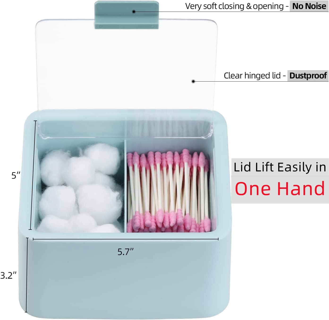 Tecbeauty 2pcs Qtips Holder - Middle Divider Cotton Pads Storage Dispenser Bathroom Organizer with Clear Hinged Lids for Cotton Balls Swabs Rounds-White & Blue