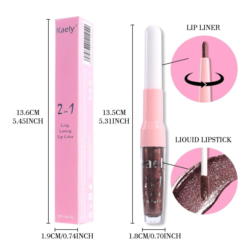 Kaely 2-in-1 Dark Borwn Metallic Lipstick and Lip Liner, Shimmer Liquid Metallic Lipsticks for Women, Glitter Lip Gloss Stain Long Lasting Waterproof Smudge Proof 24 Hour, Vegan Makeup, 11