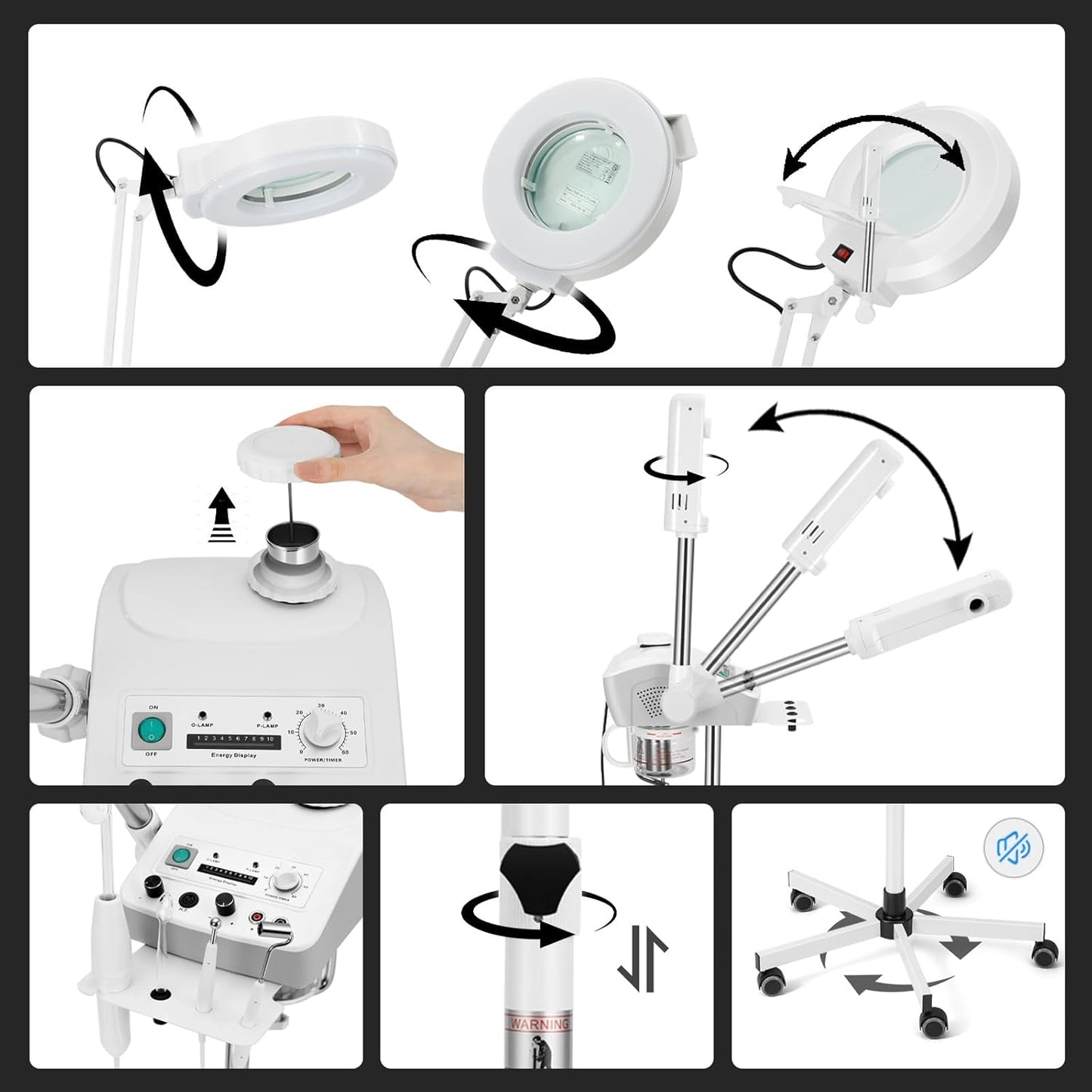 Professional 4in1 Ozone Face Steamer for Deep Hydration with Magnifying Lamp, High Frequency Galvanic for Beauty Spa Shop