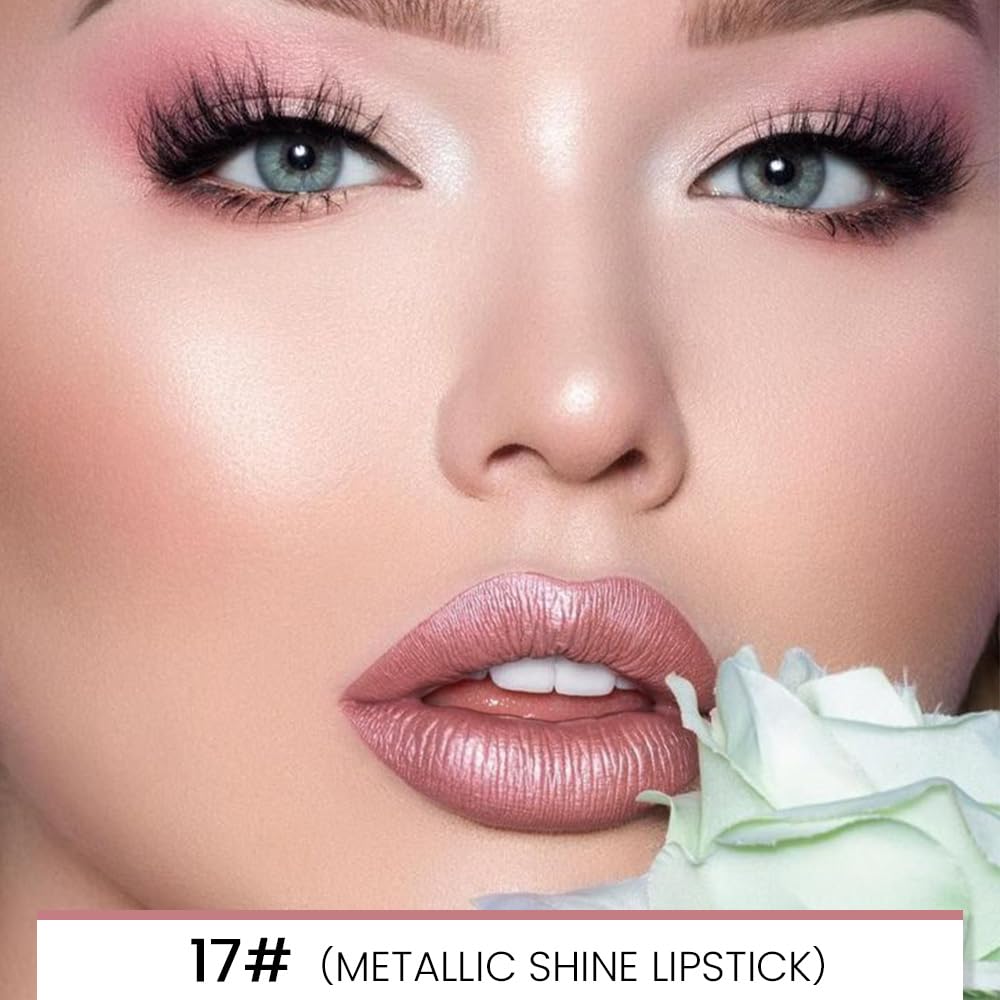 Kaely 2-in-1 Rose Nude Pink Metallic Shine Shimmer Lip Liner & Lipstick Combo Set Kit for Women, Lightweight Hydrating Formula High Impact Full Coverage Lipstick and Lip Liner Makeup Gloss 17