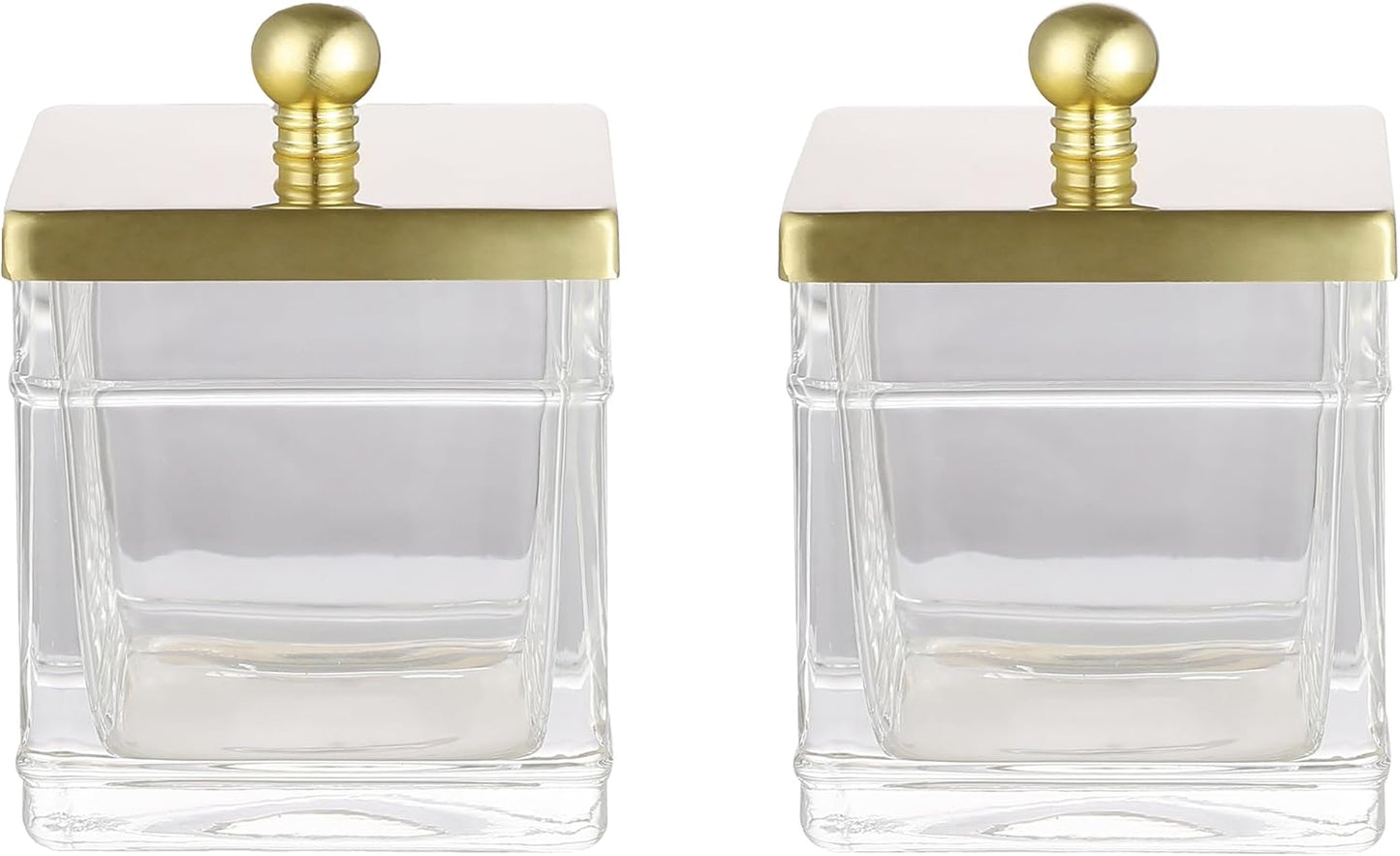 Glass Cotton Jar Holder 2 Pack– Brushed Gold Lid, Elegant Bathroom Storage Canister for Qtips, Cotton Balls, Floss, Makeup Organizer, Vanity & Bathroom Organization