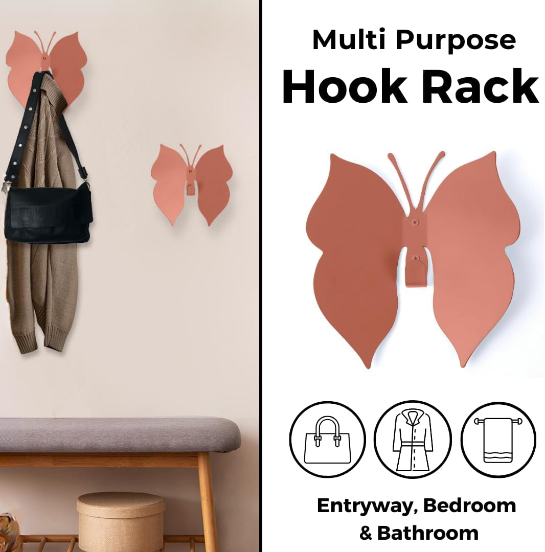 Butterfly 3D Blush Pink Butterfly Wall Hooks: Girl’s Bedroom Double-Hook Coat Rack Mount for Hanging Coat,Clothing,Backpacks,Purses,Jewelry,Towels, Girls Room DécorCut-Out Metal 2 Hangers