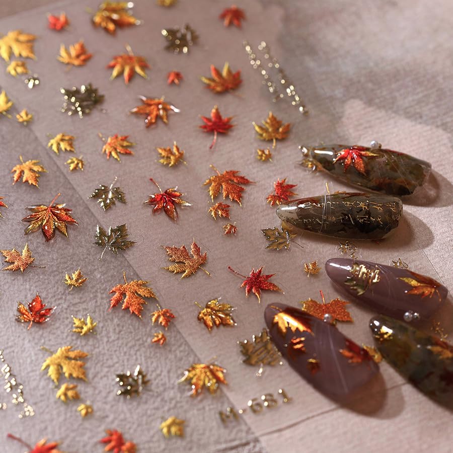 Fall Nail Art Stickers 5D Embossed Autumn Maple Leaf Nail Stickers for Nail Art Self-Adhesive Nail Design Stickers 1 Sheets DIY Nail Art Decals for Women (1, Fall Maple)
