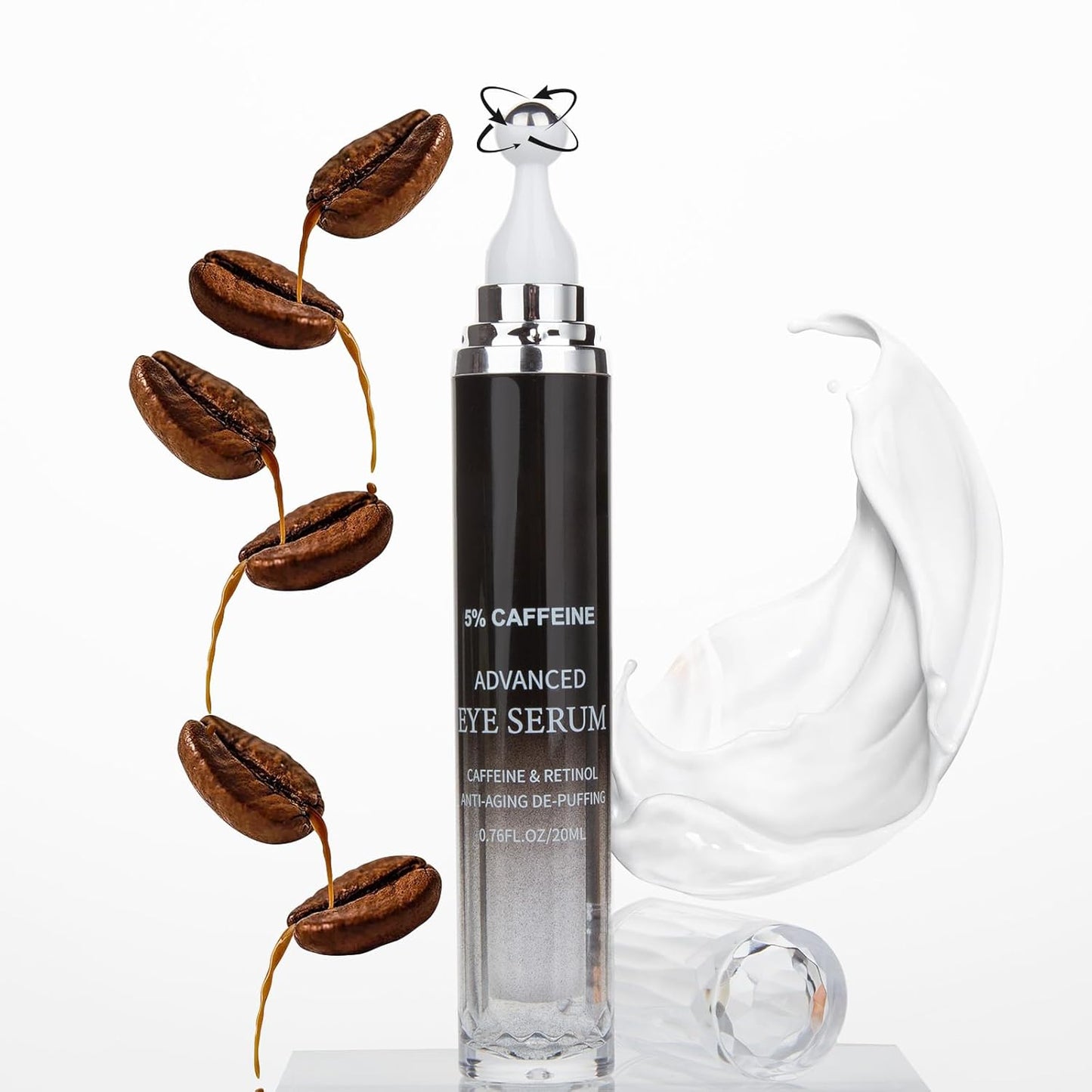 Caffeine 5% Eye Cream for Dark Circles, Under Eye Cream for Puffiness, Bags & Wrinkles, 1 PCS Anti Aging Eye Serum with Under Eye Roller, Reduces Fine Lines & Moisturize Skin.