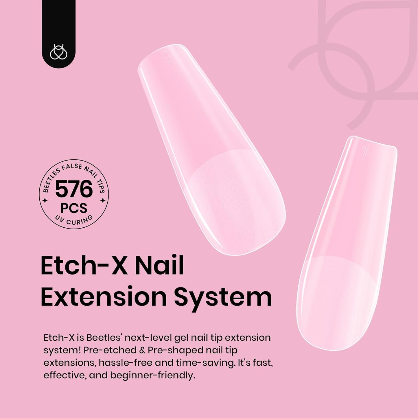 Beetles Gel Nail Tips Medium Coffin 576PCS Etch X Nail Tips, 12 Sizes Pre Shaped Half Matte Press On Nails Full Cover False Nails Acrylic Nails Glue on Nails Extensions Set for Women Home DIY