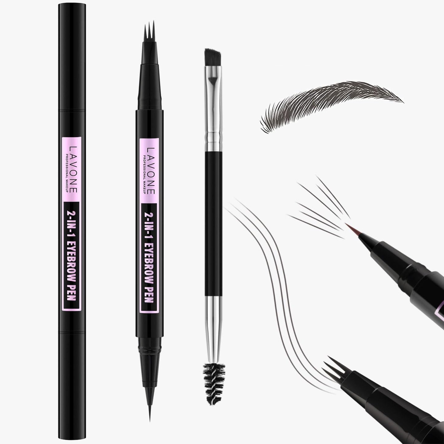 LAVONE Eyebrow Pencil, 2-In-1 Waterproof Eyebrow Pen, with 3 Tip Microblading Eyebrow Pen and Ultra-Precise Brow Pencil, Dual-ended Eyebrow Brush, for Eyebrow Makeup - Light Grey