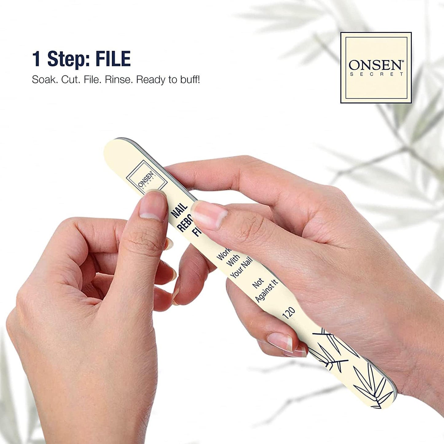 Onsen Secret Complete Nail Reboot Kit w/Nail Reboot Oil 10ml, Nail File 120/180 Grit Double Sided, A 3-Way Nail Buffer Block & Cuticle Serum-15ml w/Cuticle Oil in Action-Super Value Pack