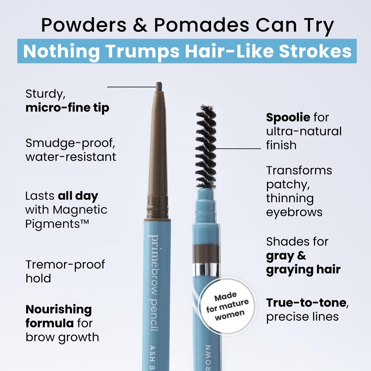 PrimeBrow Pencil for Mature Women – Ultra-Precise Tip for Natural, Hair-Like Strokes – Smudge-Proof & Long-Lasting Wear – Great for Thinning, Sparse, or Graying Brows (Ash Brown)