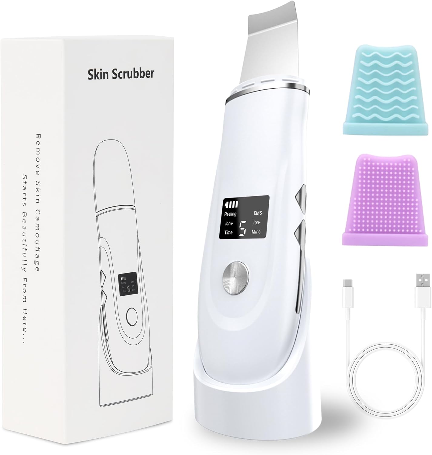 Skin Scrubber Face Spatula - 4-in-1 Deep Cleansing Tool for Pore Extraction, Fast Charging Dock Blackhead Remover Face Spatula for Facial Skincare Women Gift (White)