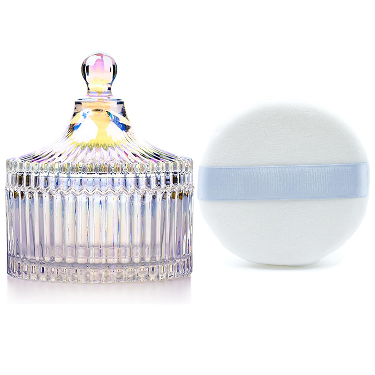 Ultra Soft Powder Puff and Container 3.3" High Density Velvet Dusting Washable Reusable Powder Puff,Body Powder Puff and Glass Jar Holder Loose Powder Box with Puff for Face Makeup(Dazzling colors)