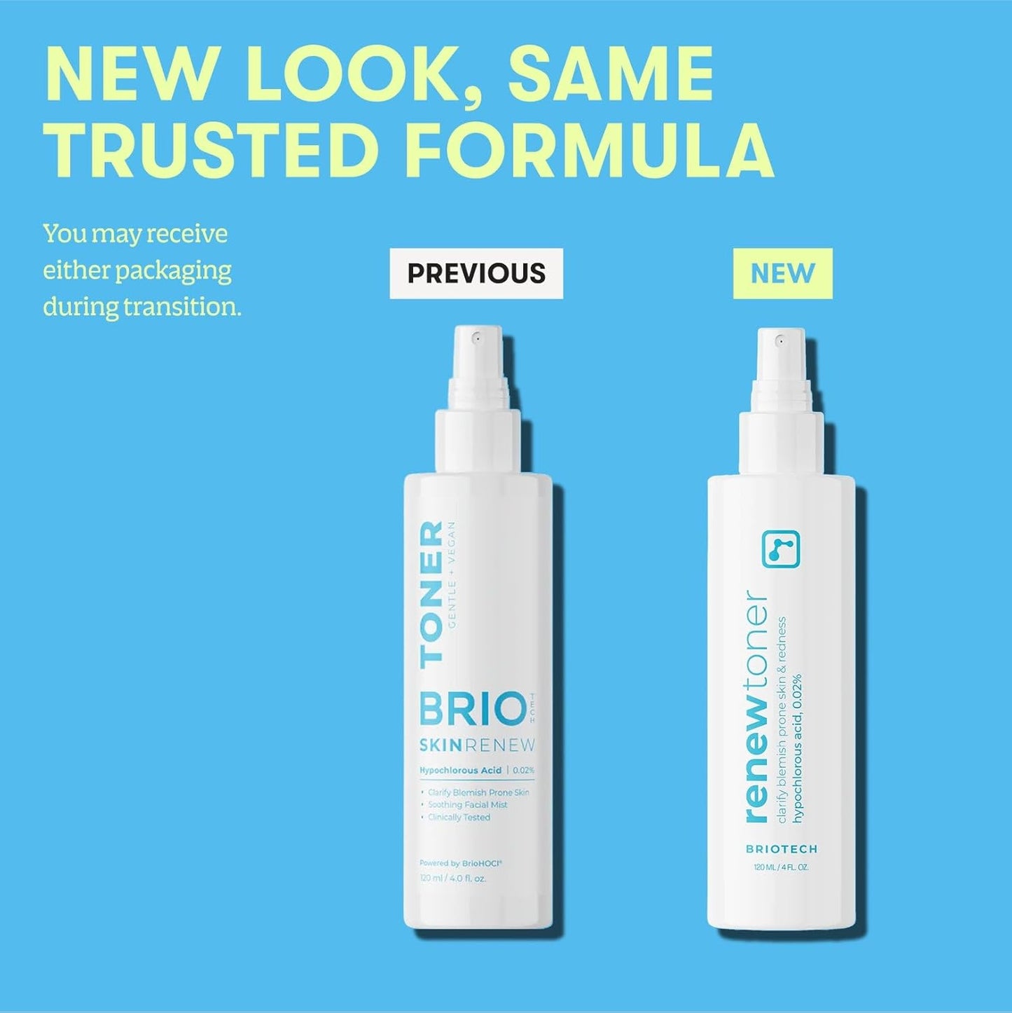 BRIOTECH Renew Toner, Hypochlorous Acid Spray, Minimize Appearance of Blemishes, Soothing Facial Mist for Sensitive Skin, Calm Redness & Bumps, Vegan, 2 fl oz Travel Size