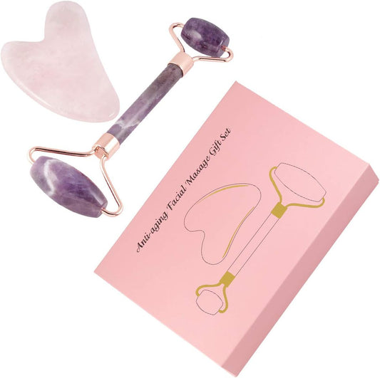 mookaitedecor Amethyst Roller & Rose Quartz Gua Sha Scraping Massage Tool Set, Face Massager for Wrinkles, Anti Aging
