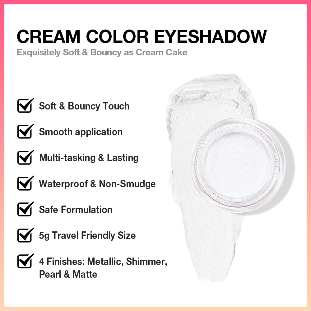 Cream Glitter Pearl White Shimmer Metallic Eyeshadow Palette Makeup, Natural Single Mini Instant Holographic Eyeshadow For Women, Sombras Crema Para Ojos,Talc,Paraben&Cruelty Free, P01