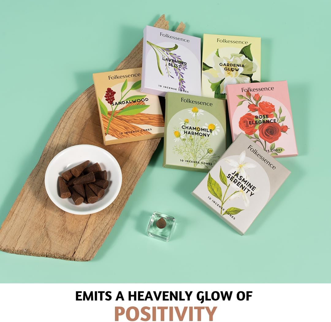 Folkulture Incense Cones Scented | Set of 6 (60 Cones) Pack for Relaxation | Rose, Chamomile, Jasmine, Lavender, Sandalwood Inscents for Gifts for Her | Incense Cone Variety Pack