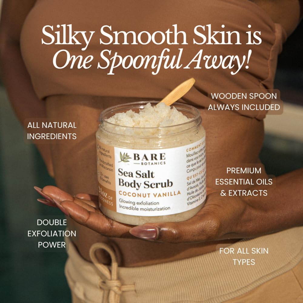 Bare Botanics Brown Sugar Body Scrub 20 oz - Naturally Scented Coconut Vanilla Sugar Scrub Made in Madison, WI - Formulated w/Skin Loving Moisturizers - Vegan, Cruelty Free w/a Cute Wooden Spoon