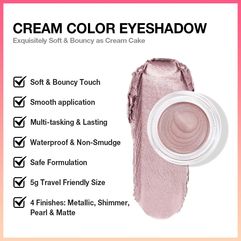 evpct Single Cream Eye Shadow Palette Pot Makeup for older Women, Praline Dusty Pink Mauve Shimmer Glitter Metallic Monochrome Cream to Powder Eyeshadow Palette Eye Brightener, Waterproof Blendable