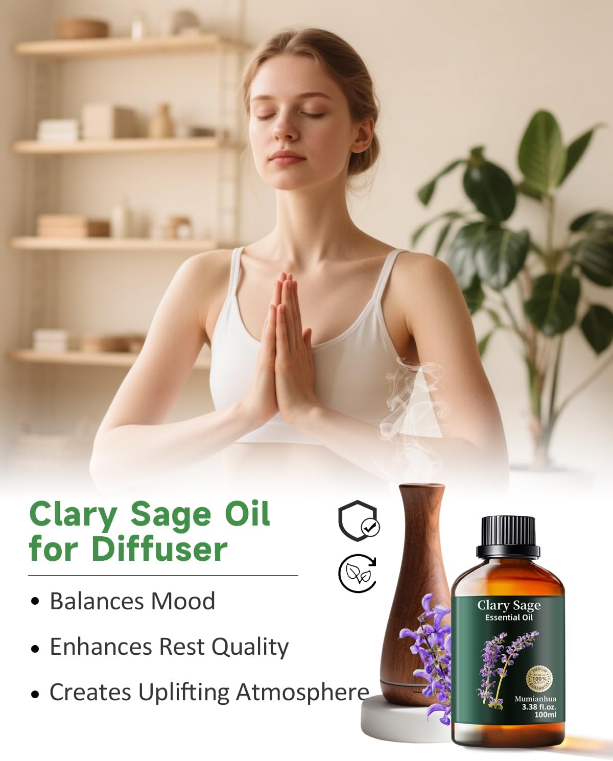 Clary Sage Essential Oil Pure, Mumianhua Natural Clary Sage Oil for Diffuser, Hair,Skin, Candle,Soap Making,Aromatherapy 3.38 Fl Oz